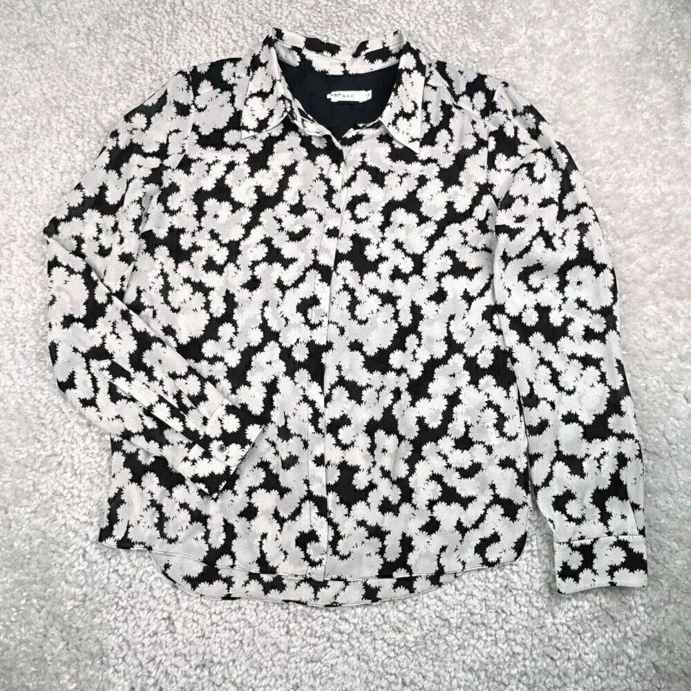 A.L.C. Black White Floral Silk Button Up Blouse 6